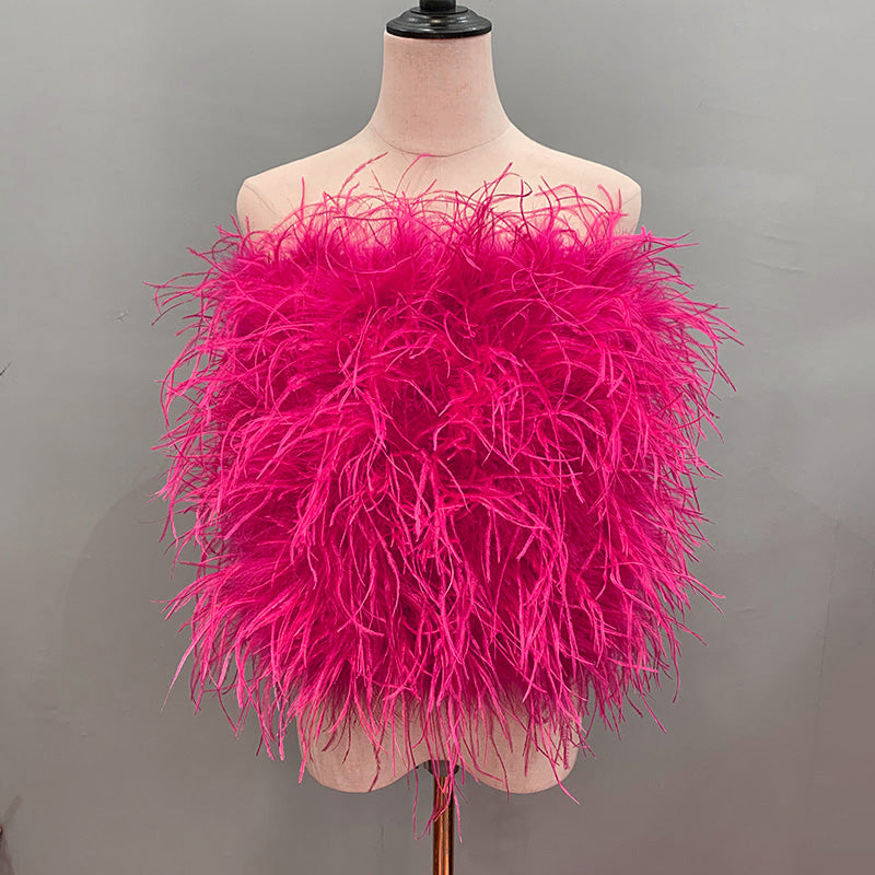 2 Pcs Women Feather Dress Fur Tube Top Ostrich Fur Skirt Shirt Set Summer  53943