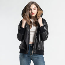 Load image into Gallery viewer, Women Black Hooded Down Coat Leather Jacket Raccoon Fur Collar Outwear