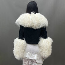 Load image into Gallery viewer, New Design Women Trendy Black Denim Jacket with Thick Fluffy Mongolia Fur Collar Cuffs