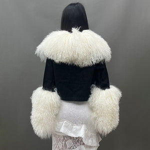 New Design Women Trendy Black Denim Jacket with Thick Fluffy Mongolia Fur Collar Cuffs