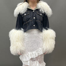 Load image into Gallery viewer, New Design Women Trendy Black Denim Jacket with Thick Fluffy Mongolia Fur Collar Cuffs