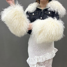 Load image into Gallery viewer, New Design Women Trendy Black Denim Jacket with Thick Fluffy Mongolia Fur Collar Cuffs