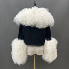 Load image into Gallery viewer, New Design Women Trendy Black Denim Jacket with Thick Fluffy Mongolia Fur Collar Cuffs