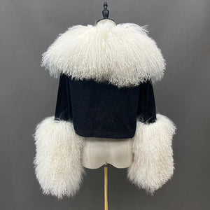 New Design Women Trendy Black Denim Jacket with Thick Fluffy Mongolia Fur Collar Cuffs