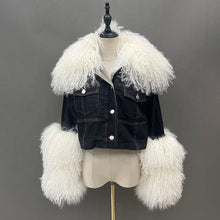 Load image into Gallery viewer, New Design Women Trendy Black Denim Jacket with Thick Fluffy Mongolia Fur Collar Cuffs