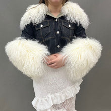 Load image into Gallery viewer, New Design Women Trendy Black Denim Jacket with Thick Fluffy Mongolia Fur Collar Cuffs