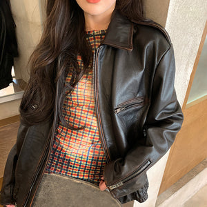 Women Distress Genuine Leather Jacket Spring New Style Vintage Cowhide Leather Jacket