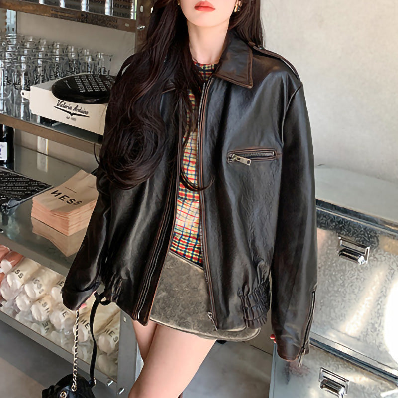 Women Distress Genuine Leather Jacket Spring New Style Vintage Cowhide Leather Jacket