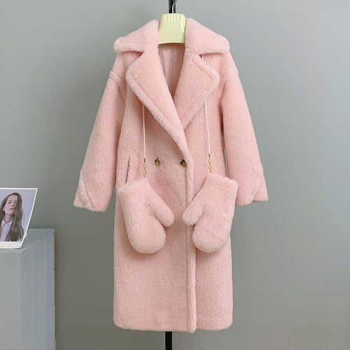 New Fashion Long Alpaca Gloves Coat Sets Turn Down Collar Oversize Teddy Bear Coat for Women