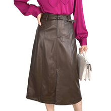 Load image into Gallery viewer, Women&#39;s Genuine Leather Sheepskin Skirt Solid Belt High Waist Slit Design Dress 2022 Autumn Winter New TF4717