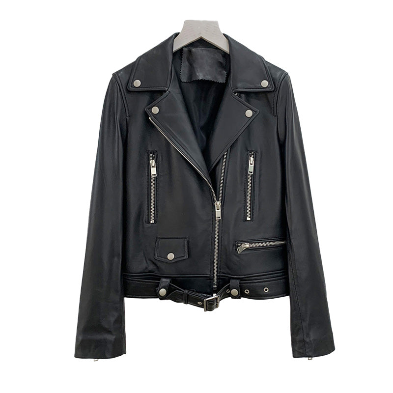 Women Genuine Leather Jackets Fashion Belt Motorcycle Jackets Biker Leather Coat For Lady 2022 Sheepskin FG4046