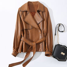 Load image into Gallery viewer, Lady Fashion Vegetable Tanned Leather Jacket New Styles Genuine Sheepskin Leather With Belt Women Motorcycle Biker Coats CL4013