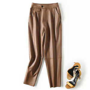 Women Cropped Leather Pants Loose Pencil Pants Solid Sheepskin Harem Pants 2022 New SY3987