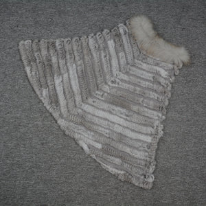 Real Rabbit Knitted Fur Poncho Winter Fashion Capes Female Party Shawl Natural Grey