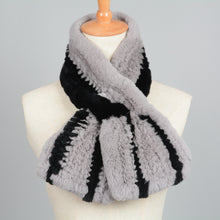 Load image into Gallery viewer, Women&#39;s Winter Warm Real Rex Rabbit Fur Grey Scarf Black Striped Muffler Shawl