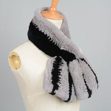 Load image into Gallery viewer, Women&#39;s Winter Warm Real Rex Rabbit Fur Grey Scarf Black Striped Muffler Shawl