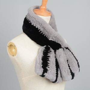 Women's Winter Warm Real Rex Rabbit Fur Grey Scarf Black Striped Muffler Shawl