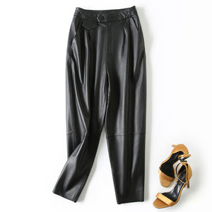 Women Cropped Leather Pants Loose Pencil Pants Solid Sheepskin Harem Pants 2022 New SY3987