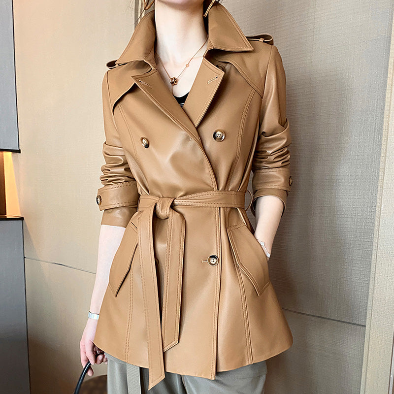 Genuine Sheepskin Leather Jacket Women Autumn Winter Trench Coat Mide Length Streetwear Leather Coat CL4873