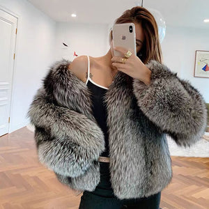Women Silver Fox Fur Coat V-neck Luxury Full Fur Overcoat Long Sleeve Warm 2022 New Winter 4905