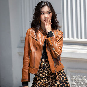 Spring Autumn Trend Style Genuine Leather Jackets For Women Full Sleeve Black Leather Coat Zipper Fashion Biker Jacket AEL4066