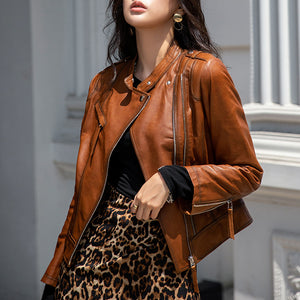 Spring Autumn Trend Style Genuine Leather Jackets For Women Full Sleeve Black Leather Coat Zipper Fashion Biker Jacket AEL4066