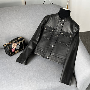 Women's Black Leather Jackets New Spring Autumn Rivet Biker Genuine Sheepskin Coats Fashion Streetwear CL4012