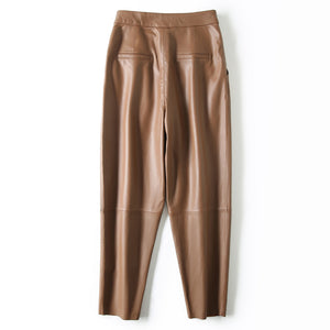 Women Cropped Leather Pants Loose Pencil Pants Solid Sheepskin Harem Pants 2022 New SY3987