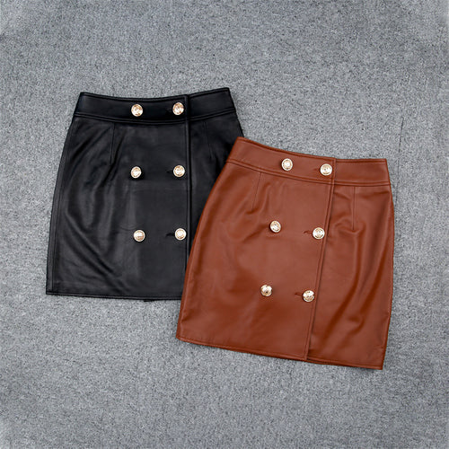 Women's Leather Skirts Metal Button A-Line Genuine Sheepskin Short Dress Fashion 2022 Autumn Winter New TF4789
