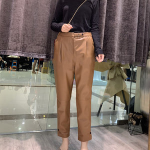 Women Leather Pants Solid High Waist Slim Pencil Pants Leather Sheepskin Trousers 2022 New BJ3954