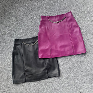 Women's Leather Skirt Real Sheepskin Simple Chain Split Hip Wrap Slim 2022 Autumn Winter New TF4780