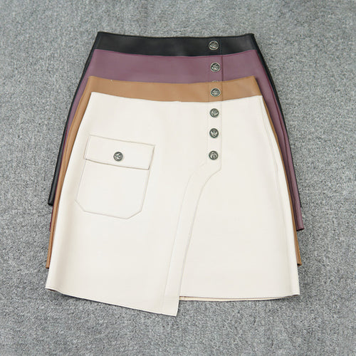 Women Leather Skirts Wrap Hip Patchwork Pocket Button Asymmetric Genuine Sheepskin Short Dress 2022 Autumn Winter New TF4786