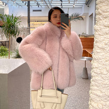 Load image into Gallery viewer, Ladies Fox Fur Coat 2022 New Long Sleeve Stand Collar Fluffy Fur Luxury Overcoat Mid Length Warm Winter 4918