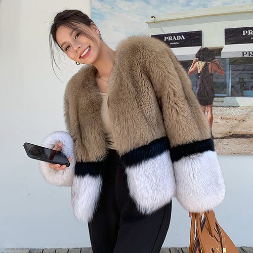 2022 New Women's Imported Fox Fur Coat Long Sleeve Winter Luxury Fluffy Overcoat 4894