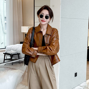 Lady Fashion Black Vegetable Tanned Leather Jackets Women Sheep Coat Vintage Motorcycle Jacket Spring Autumn Streetwear CL4019