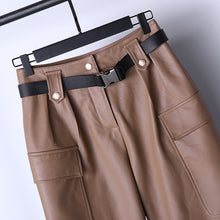 Load image into Gallery viewer, Lady Leather Pants Belt Tooling Genuine Lambskin Large Pocket Beam Legs Slim Pants Casual 2022 New TF4598