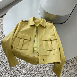 Real Leather Jackets Lady Fashion Trend Women Bomber Coats Genuine Sheepskin Biker Jacket Pocket Zipper ZM4047
