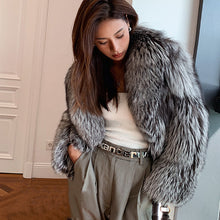 Load image into Gallery viewer, 2022 New Ladies Silver Fox Fur Coat Collared V-neck Long Sleeve Luxury Fluffy Overcoat Warm Winter 4908