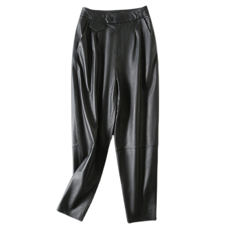 Women Cropped Leather Pants Loose Pencil Pants Solid Sheepskin Harem Pants 2022 New SY3987