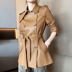 Genuine Sheepskin Leather Jacket Women Autumn Winter Trench Coat Mide Length Streetwear Leather Coat CL4873