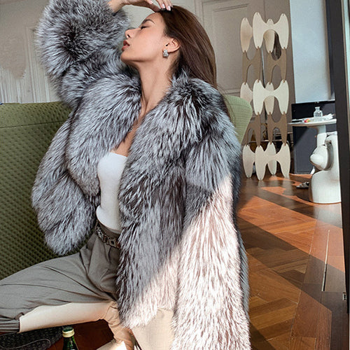 2022 New Ladies Silver Fox Fur Coat Collared V-neck Long Sleeve Luxury Fluffy Overcoat Warm Winter 4908