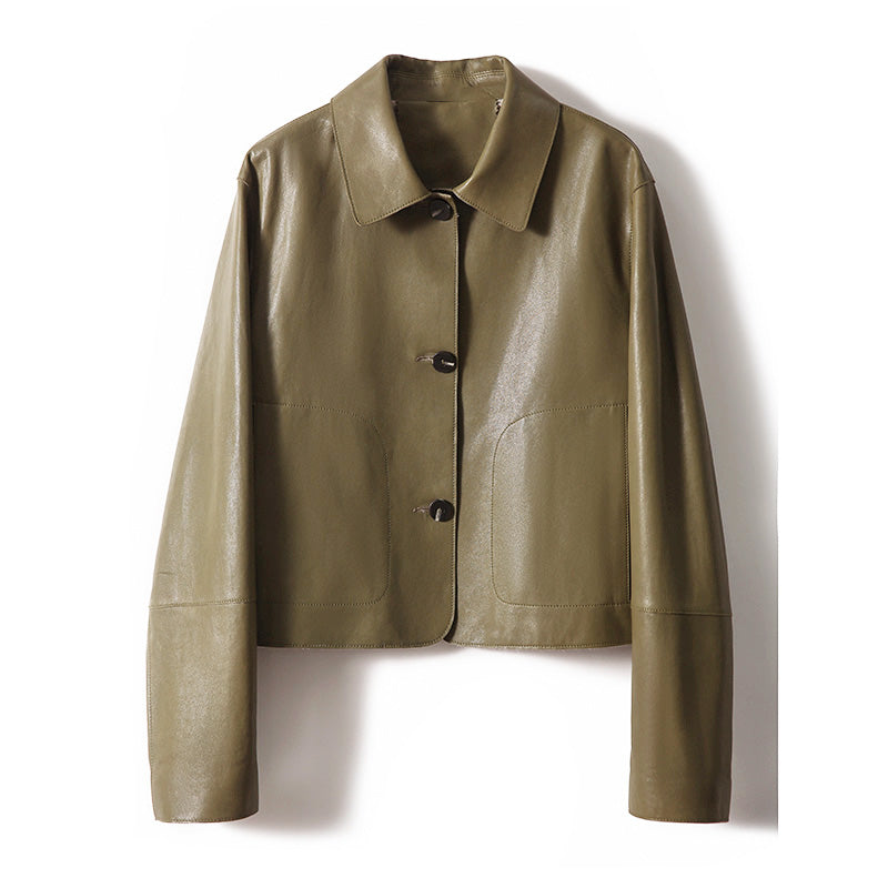 Lady Oversize Leather Jackets Fashion Green Color Sheepskin Leather Coats Women Retro Clothes New Arrivals ZM4048
