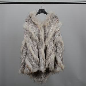 Real Rabbit & Raccoon Fur Knitted Poncho Women's Shawls Winter Cape Cap Natural Grey