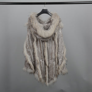 Real Rabbit & Raccoon Fur Knitted Poncho Women's Shawls Winter Cape Cap Natural Grey