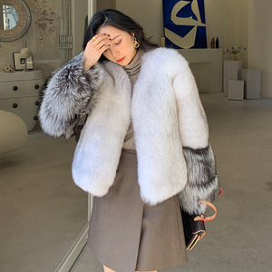 2022 New Women's Fox Fur Coat Silver Fox Sleeve Luxury Fluffy Fur Overcoat Warm Winter 4920