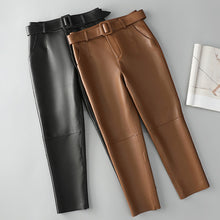 Load image into Gallery viewer, Women Leather Cropped Pants Solid Pencil Pants Slim Belt Leather Sheepskin Harem Pants Trousers Casual 2022 New SY3984