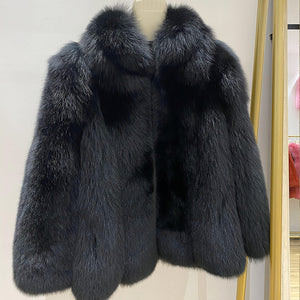 Ladies Fox Fur Coat 2022 New Long Sleeve Stand Collar Fluffy Fur Luxury Overcoat Mid Length Warm Winter 4918