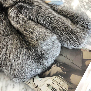 Women Silver Fox Fur Coat V-neck Luxury Full Fur Overcoat Long Sleeve Warm 2022 New Winter 4905