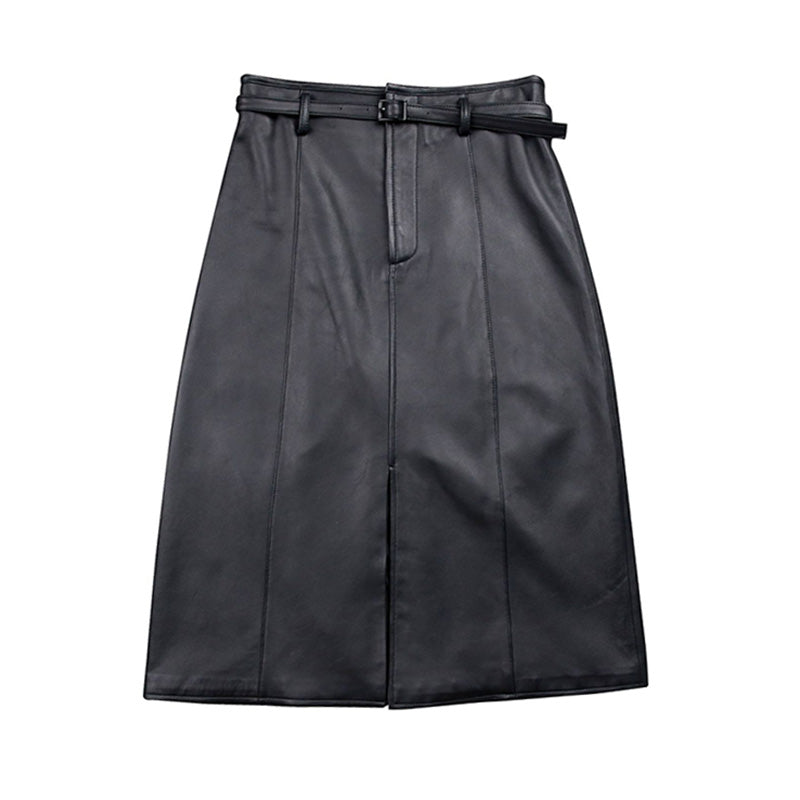 Women's Genuine Leather Sheepskin Skirt Solid Belt High Waist Slit Design Dress 2022 Autumn Winter New TF4717