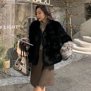 2022 New Women's Fox Fur Coat Silver Fox Sleeve Luxury Fluffy Fur Overcoat Warm Winter 4920